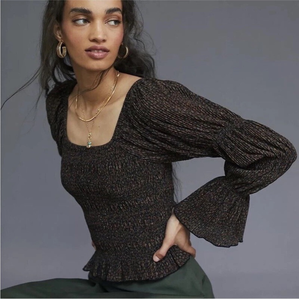 NWT Anthropologie Bishop Shimmer Smocked Top Puff Long Sleeve Black Brown XL